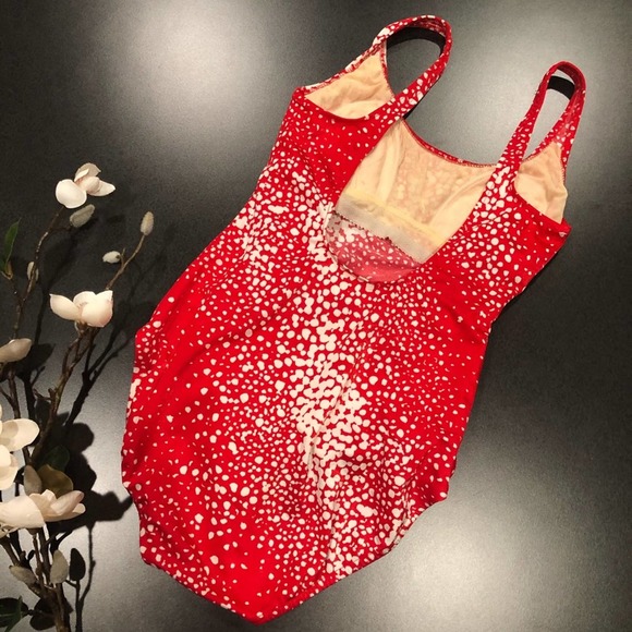 Vintage Mainstream Bow Front Red White Dot One Piece Swimsuit USA 80s 90s - Picture 6 of 13